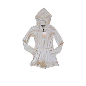 NWT Missguided Ribbed Zip Up Hoodie Frill Short Playsuit‎ Romper in Stone Size 6